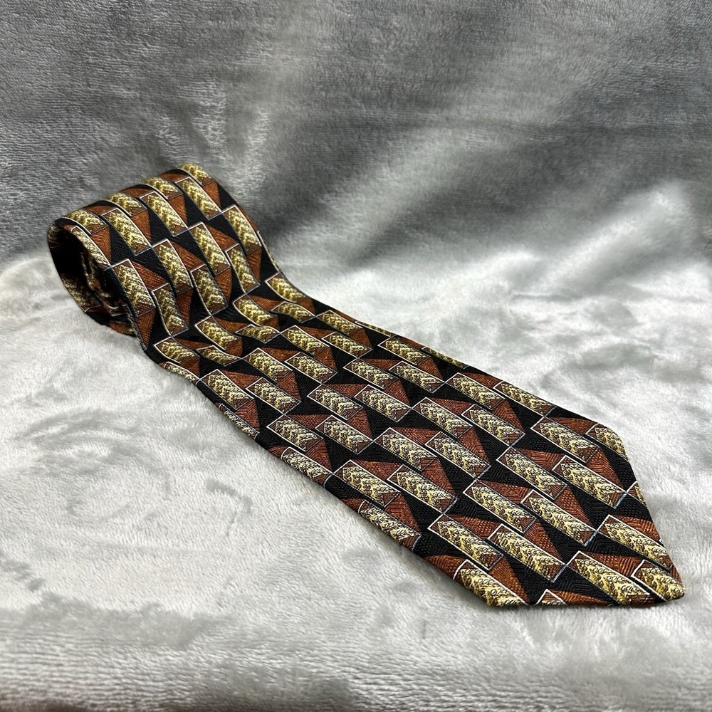 Geoffrey Beene 100% Silk Neck Tie 3.75" x 58" Brown Black Yellow Geometric